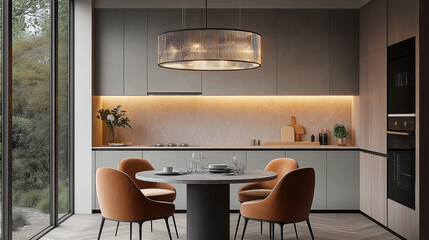 Aufkleber - Modern and stylish kitchen interior featuring a large window providing natural light