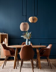 Wall Mural - Home mockup, modern dark blue dining room interior with brown leather chairs, wooden table and decor, 3d render
