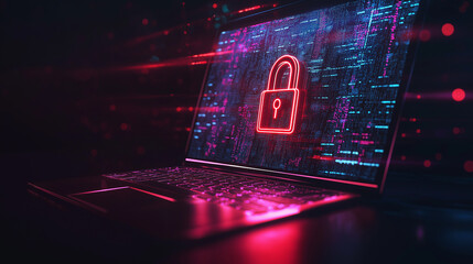 Poster - Laptop showing lock symbol and binary code during the night