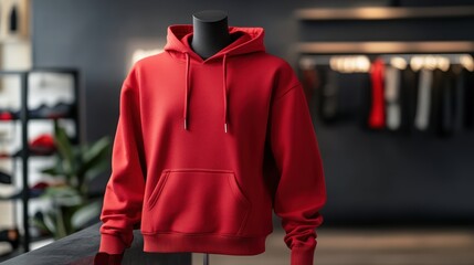 A red hoodie is displayed in a store