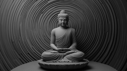 Buddha statue meditating on black and white circular background