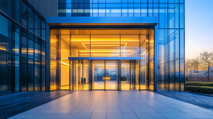 Aufkleber - Modern office building exterior with glass facade showing illuminated entrance at dusk