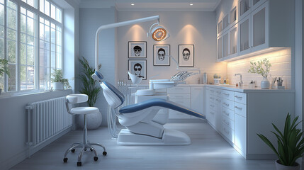 Poster - Modern dental office interior design with dentist chair and window view