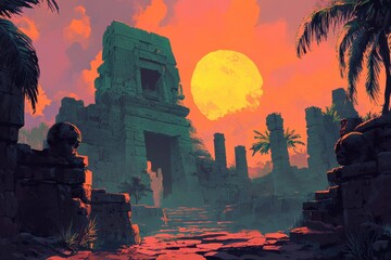 Wall Mural - Ancient Stone Ruins Under a Large Sun in a Tropical Setting