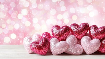 Poster -   A set of pink and red hearts rest atop a wooden table against a pink and white backdrop