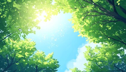 Wall Mural - anime-style background featuring blue sky, green trees, and sunlight shining through leaves
