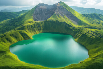 turquoise lake reflecting sunlight in green volcanic crater