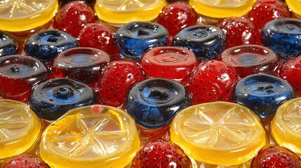 Poster -    various candies with strawberry and lemon slices placed on top of them