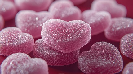 Poster -   A close-up shot of pink heart-shaped candies placed on a red background with water droplets visible