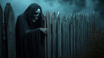 Grim reaper hiding behind wooden fence in the fog