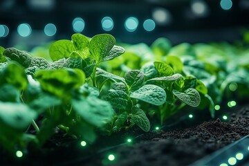 Canvas Print - Close-up of lush green seedlings growing under natural light in a modern greenhouse during early morning hours