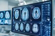 © nabila - Alzheimer’s brain scan image on a computer screen, with copy space. Clinical, cool lighting. Medical office