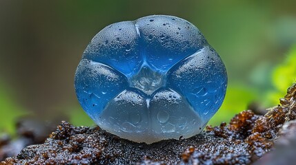 Wall Mural -   Close-up of a blue sphere with water drops on its surface and a green foliage in the background