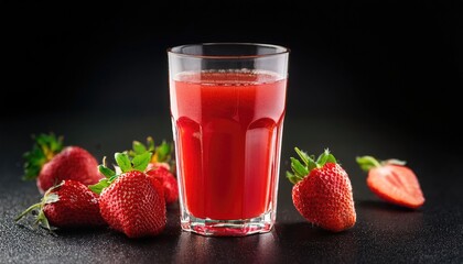 Fresh strawberry juice in a glass, surrounded by vibrant strawberries. Perfect for summer refreshment or healthy drink ideas.