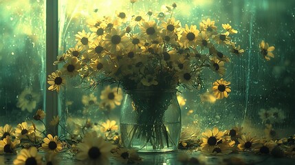 Sticker -   A vase overflowing with vibrant yellow blossoms rests atop a window sill, flanked by another adjacent sill