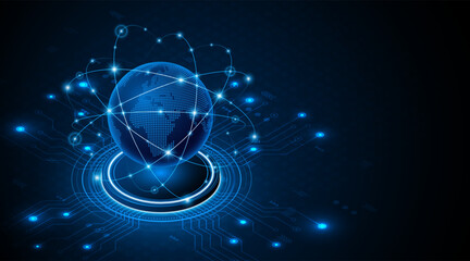 Fototapete - Global network of connectivity and communication technology. World map. High-speed internet technology concept or fast wireless data transmission. internet network connection technology
