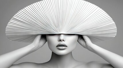 Canvas Print -   A woman with a white fan covering her face and hands on her head