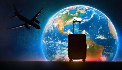 Travel suitcase and airplane silhouette with a glowing planet Earth in the background. Ideal for representing global travel and holiday adventures