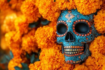 Traditional sugar skull embellished with vibrant hues is paired with glowing marigold blossoms evoking the spirit of Mexicos Day of the Dead