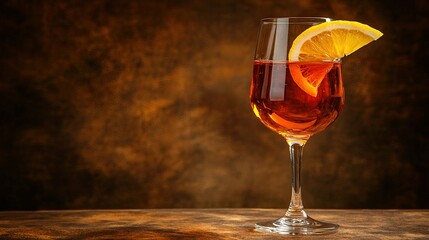   Close-up of glass of wine with lemon slice on rim against dark backdrop