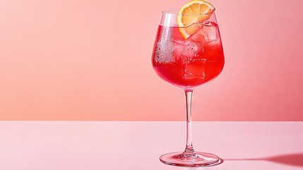 Poster -   A red wine glass with an orange slice on the rim and ice in the center