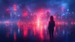 © Tomass - Woman standing by neon-lit futuristic cityscape at night, gazing at skyline reflection