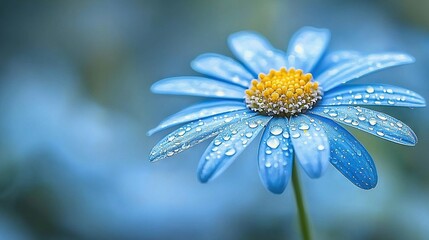 Sticker -   A close-up of a blue flower with water droplets on its petals and a yellow center in the foreground