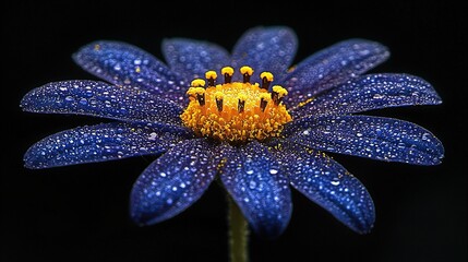 Sticker -   Close-up of a blue flower with droplets of water on the petals against a dark background