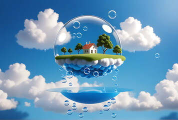 floating island air blue clouds bubbles