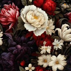 Wall Mural - A stunning floral pattern featuring detailed, blooming peonies and other vibrant flowers in red, white, and purple hues, set against a dark background perfect for textile designs, wallpapers