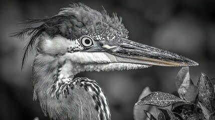 Poster -   Black & white photo of a bird with feathers on its head & plant in foreground