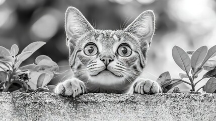 Poster -  A monochrome image of a feline emerging from behind greenery