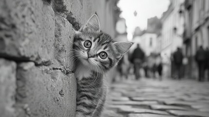 Poster -   A black-and-white picture depicts a kitten peeking from behind a stone wall on a cobblestone street