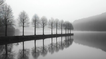 Poster -   A monochrome picture of a tree line beside the water on a misty day