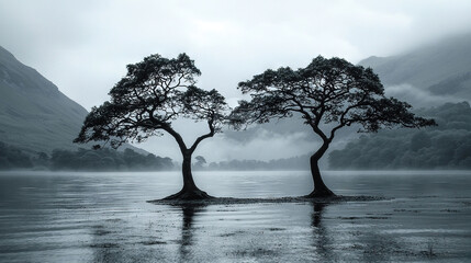 Poster -   A pair of trees resting atop a lake amidst a dense, misty woodland teeming with towering trees