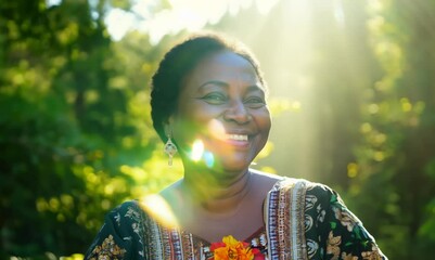 Wall Mural - Joyful Angolan Woman Smiling in Lush Forest