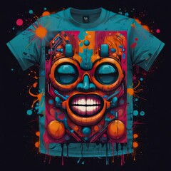 A T-shirt design featuring a vibrant urban graffiti style illustration with bold colors and abstract shapes.