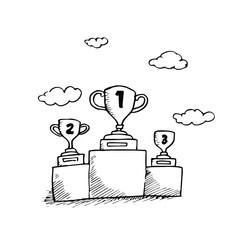 Set of awards in doodle style. Hand drawn winner cups and medals vector illustration