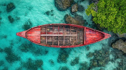 Poster -   A red boat floats atop a blue ocean, surrounded by a lush green hillside and a dense forest