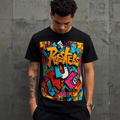 Wall Mural - A T-shirt design featuring a vibrant urban graffiti style illustration with bold colors and abstract shapes.