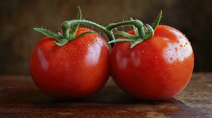 Poster -   A couple of tomatoes resting on a wooden table with water droplets on top