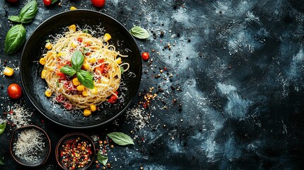 Sticker -   A plate of spaghetti with tomatoes, corn, basil, and Parmesan cheese on a black surface with a small bowl of seasoning nearby