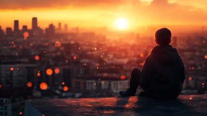 Wall Mural - A boy sits on a ledge, the city sprawled out before him, the setting sun casting a warm glow over the urban landscape. Ai generated