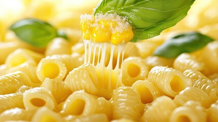   A fork filled with creamy macaroni and cheese, adorned with a single green leaf