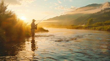 a man fly fishing in a river - sunrise