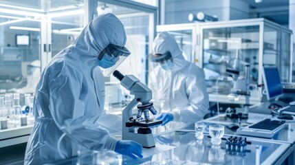 Wall Mural - in a modern laboratory, two scientists donning protective gear analyze samples under a microscope, r