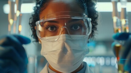 Wall Mural - in a well-equipped lab, a dedicated scientist, clad in protective gear, attentively analyzes vials, 