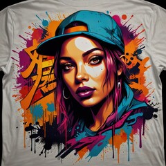 Wall Mural - A T-shirt design featuring a vibrant urban graffiti style illustration with bold colors and abstract shapes.