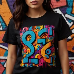 Sticker - A T-shirt design featuring a vibrant urban graffiti style illustration with bold colors and abstract shapes.