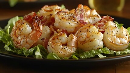 Poster -   A plate of shrimp on lettuce with bacon on top, in focus